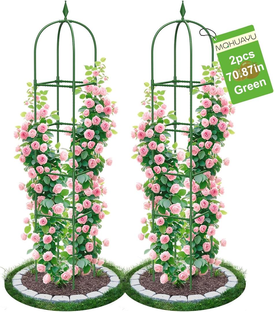 2 Pack Garden Obelisk Trellis for Climbing Plants, 70.87" Metal Rustproof Plant Support Rose Trellis, Tower Potted Cages for Flowers Fruits Vegetable Vines Indoor & Outdoor, Green(4 Tiers)