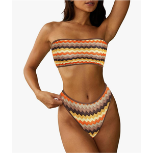 ZAFUL Women Strapless Textured Bandeau Bikini 2 Piece Swimwear Cheeky Solid Lace up Bathing Suits M, 0-3Brown