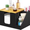 VITVITI Disposable Face Towel Holder Box, Acrylic Clean Skin Club Facial Towel Container with Toothbrush Holders, Large Disposable Face Towels Storage for Bathroom Vanity Makeup, Black