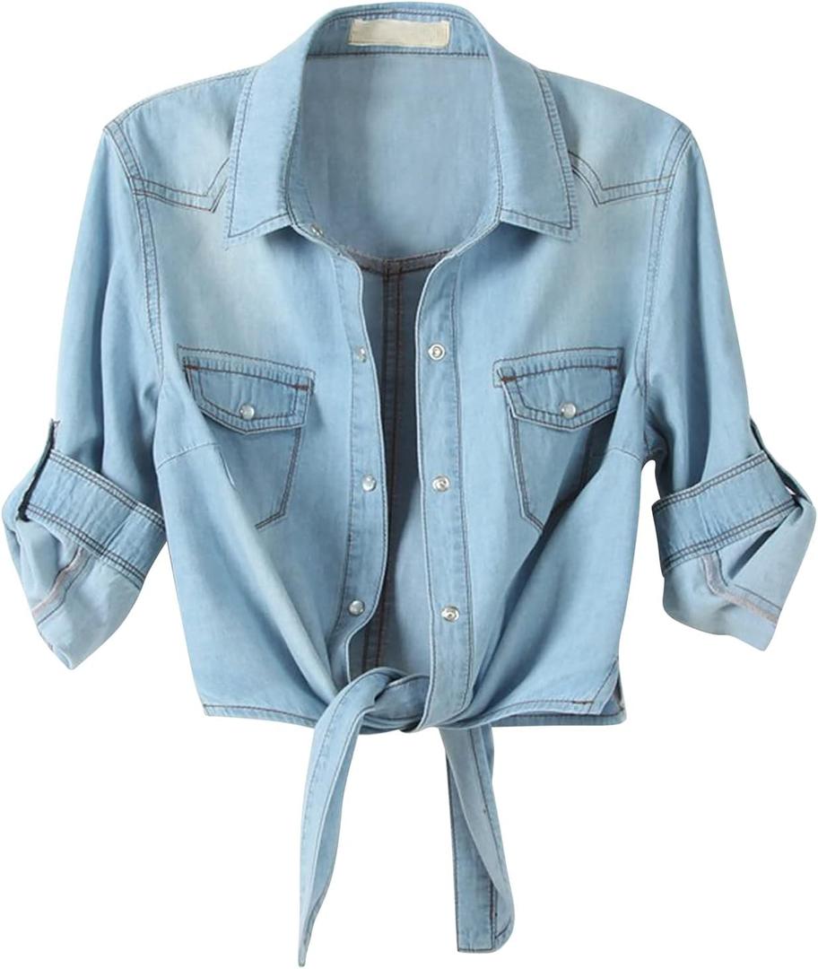 American Trends Women's Denim Shirt 3/4 Sleeve Tie Front Top Knot Chambray Cardigan Button Shirt Jean Crop Top Jacket (X-Large, Light Blue)