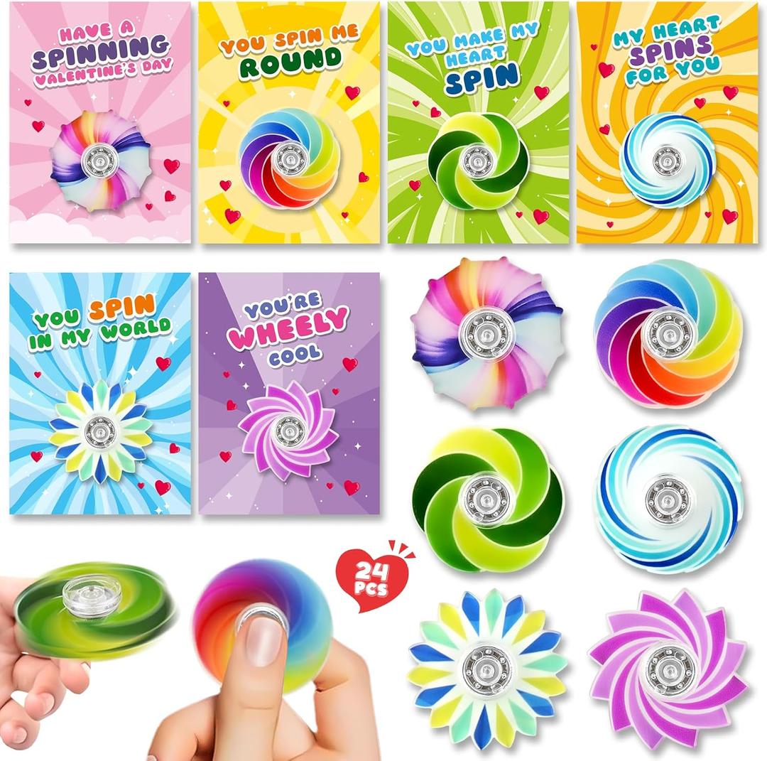 Letapapa 24Pack Valentines Day Cards For Kids with Fidget Spinner Toys, Valentine's Greeting Cards for Kids School Classroom Valentine's Gifts Exchange, Valentines Party Favors Prizes for Boys Girls