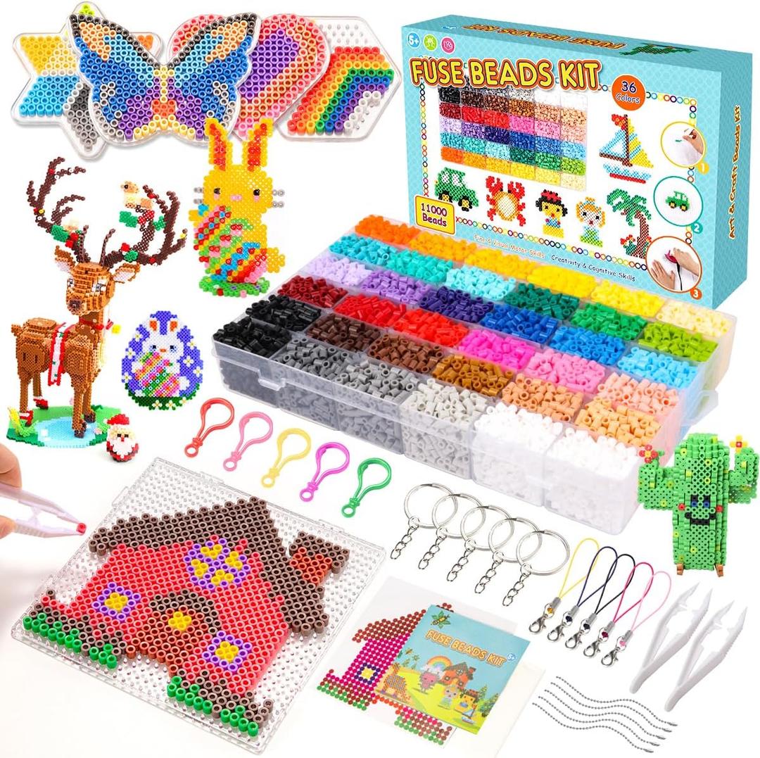 Meland Fuse Beads Kit - 11,000 pcs 36 Color Beads for Craft for Girls Age 5-12 Year Old,5MM Melty Beads Set Including 5 Pegboards, Ironing Paper & Chain Accessories Iron Beads Christmas Birthday Gift (11000PCS)