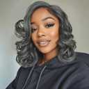 quickwig Short Loose Wave Bob Wig Side Part Body Wave Wigs Salt & Pepper Curly Wavy Wig for Women Grey Wigs Glueless Lace Part Synthetic Hair (16 Inch, Mixed Grey)