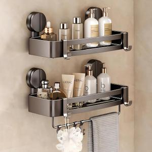 VOLPONE 2 Pack Shower Caddy Suction Cup, Corner Shower Shelves No Drilling, Showers Organizer Storage with Towel Bar & Removable Hooks, Bathroom Shower Shelf Rack for Inside Showers, Square