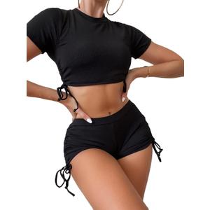 Women's High Waist Bikini Sets Two Piece Swimsuit Sports Style Bathing Suit Crop Top and Boy Shorts Full Coverage (Medium, Black)