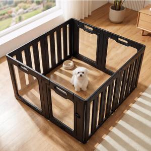 Soulbond Clear Acrylic Dog Playpen Indoor, Non-Slip,Tool-Free Assembly, External Door Lock Play Pen for Puppies and Small Dogs (24 Inch, Black, 8 Panel)