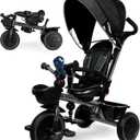 KRIDDO 7-in-1 Tricycle Stroller for Toddlers 18 Months to 5 Years, Adjustable Push Handle, Rotatable Seat, Cup Holder and Retractable Canopy, Folding Baby Trike w/Detachable Guardrail, Footrest, GY