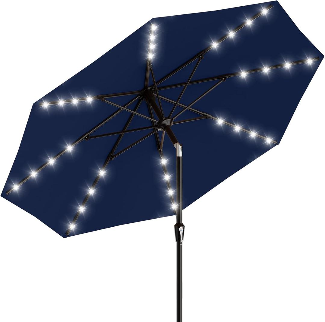 AreShark 9FT Patio Umbrella with Solar Lights, 32 Lighted Pool Umbrella w/Tilt and Crank, Outdoor Market Solar Umbrellas for Garden, Deck, Backyard, Pool and Beach, Navy