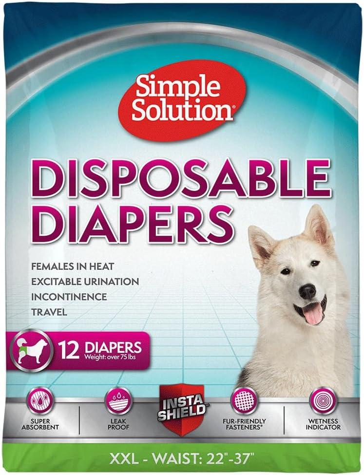 Simple Solution Disposable Female Dog Diapers, Absorbent Leak Proof Protection for Incontinence, Puppy Training, Heat Cycle, Travel, and Housebreaking, XXL Dogs, 2237 Inch Waist, 12 Count