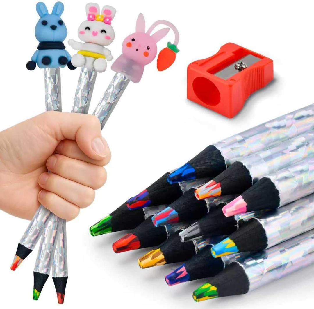 FilmHOO Art Supplies for Kids Classroom,12 Rainbow Colored Pencils With Cute Pencil Cap, sharpener, Arts And Crafts 4-12 Year Old Party Favors, Girl Gifts Trendy Stuff (silvery)