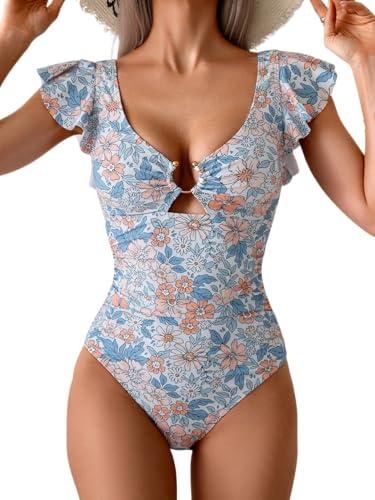 Eomenie Women's One Piece Swimsuit Tummy Control Bathing Suit Cutout Ruffle Slimming Swim Suit S