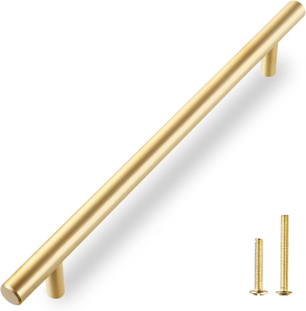 QOGRISUN 2-Pack Solid Brass Cabinet Pulls, Gold Long Drawer Handles, 10 Inch Hole Center for Large Kitchen Cabinets, Cupboard, Dresser, Wardrobe Closet Door, Brushed Brass Finish