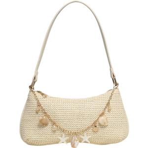 GORGLITTER Women's Boho Seashell Beaded Bag Woven Straw Bags Summer Clutch Purse (Beige)