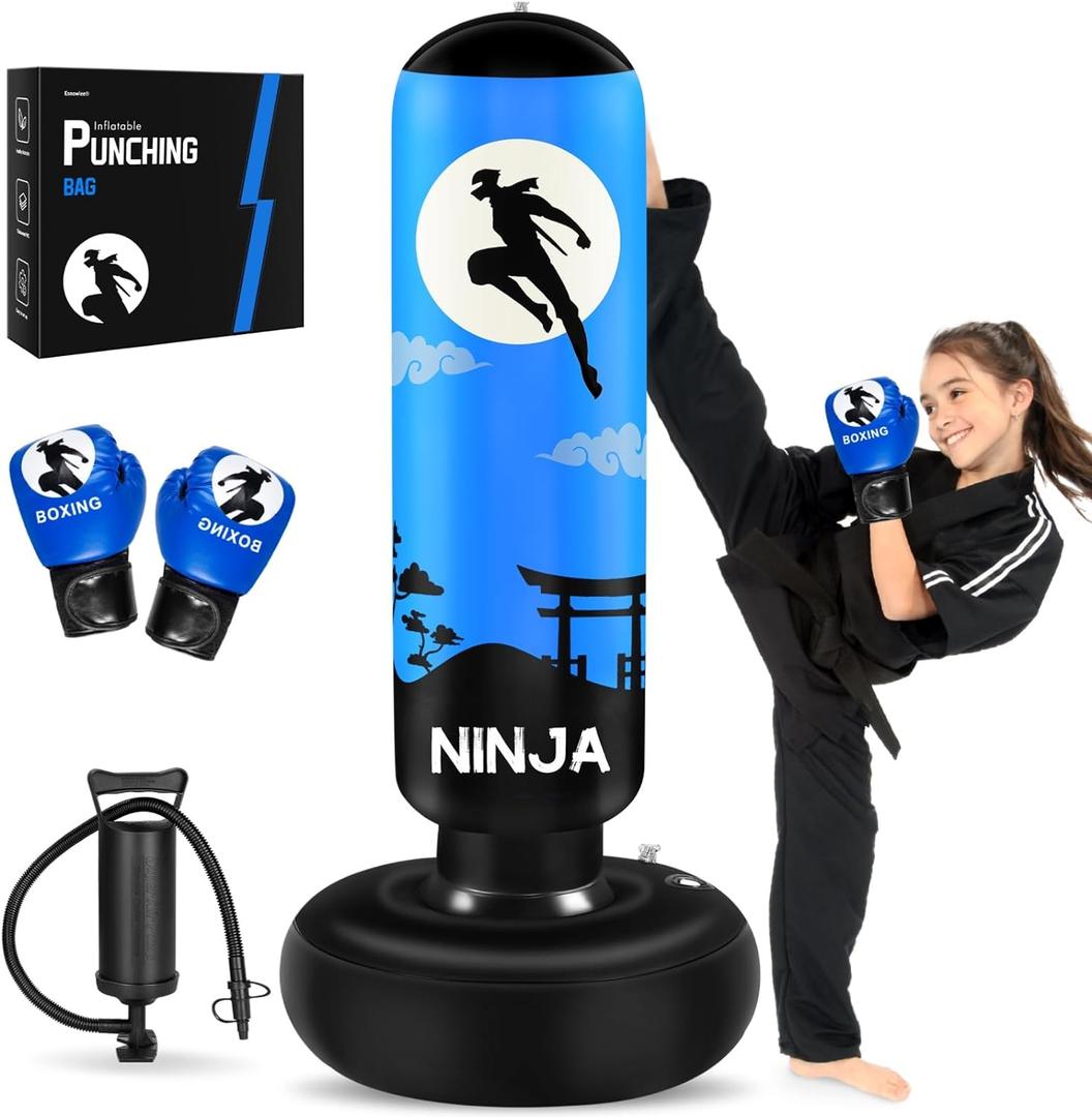 Punching Bag for Kids, Kids Boxing Set with Boxing Gloves 66" Large Inflatable Punching Bag,Gifts for Boys & Girls Age 5-12 for Practicing Karate, Taekwondo (Blue)