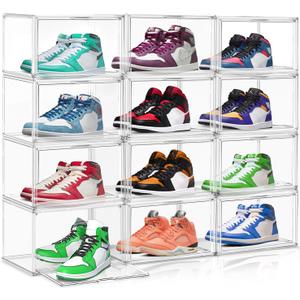 10 Pack Shoe Box Organizer Clear Plastic Stackable Shoe Boxes with Magnetic Lid Acrylic Display Case Shoe Containers for Entryway,Sneaker Storage Fit up to US Size 12
