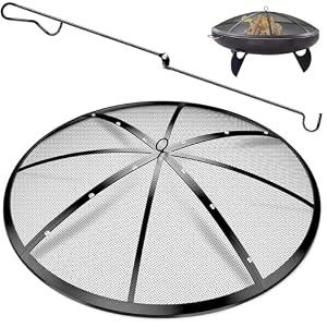 Fire Pit Spark Screen, 36 Inch Fire Pit Screen with Handle & Poker, Heavy-Duty Steel Fire Pit Cover Round Mesh Replacement Outdoor Firepit Screen Lid for Backyard/Beach/RV Camping