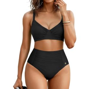 Popilush High Waisted Bikini Sets for Women Tummy Control Shapewear Swimsuit Ruched Push Up Two Piece Bathing Suit (X-Large, Black)