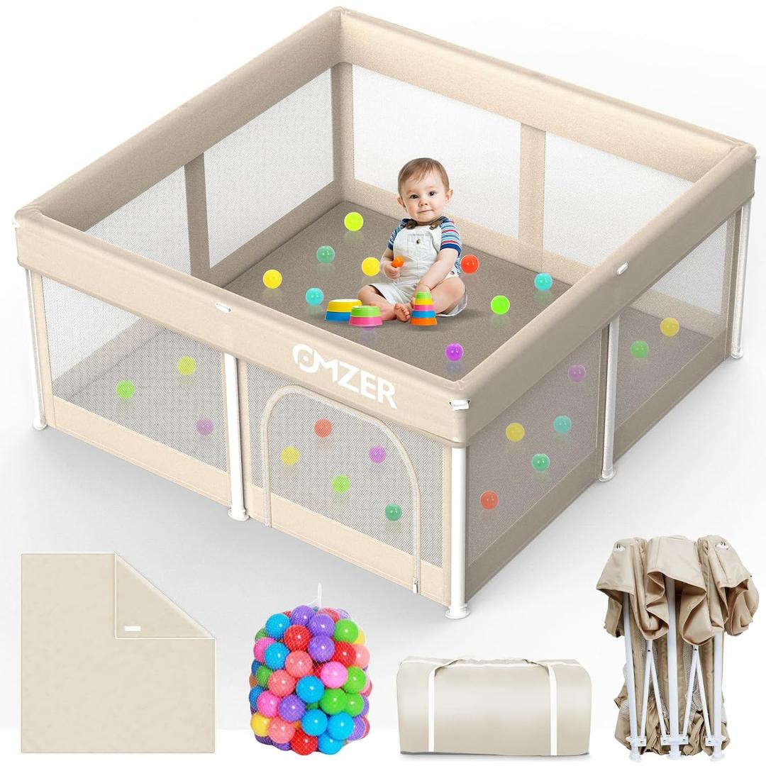 Foldable Baby Playpen with Mat, 50 x 50 Inch Portable Playpen | Safe Zipper Door, Soft Play Mat, With 30 Ocean Balls, Carry bag, No Assembly