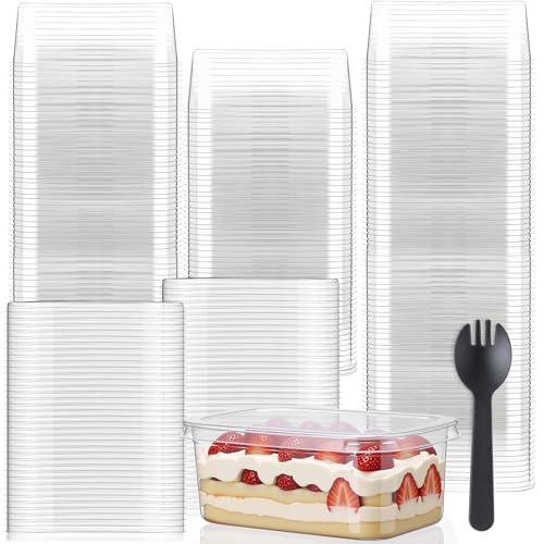 Tanlade 100 Pack 9oz Clear Dessert Cups with Lids and Sporks Rectangle Plastic Cups Disposable Parfait for Banana Pudding Appetizer Mousse Fruit Cupcakes Yogurt Oatmeal Serving