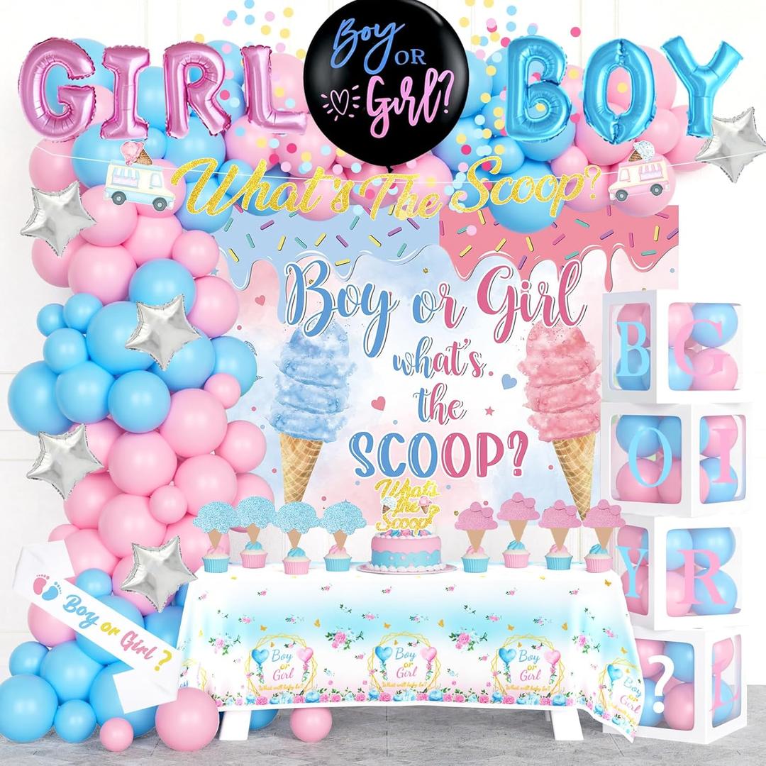 Ice Cream Gender Reveal Decorations, 117PCs - Whats the Scoop Gender Reveal Party Supplies with Boy or Girl Backdrop, Balloon Garland, Banner, Tablecloth, Boxes, Sash, Cake Topper