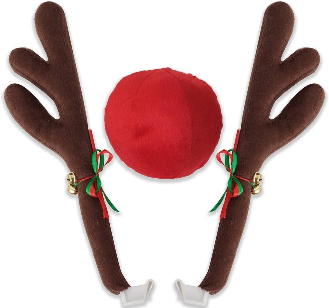 OxGord Reindeer Antlers & Nose - Christmas Decorations for Window Roof-Top & Grille Rudolph Reindeer Kit - Auto Holiday Exterior Accessories Kit Best for Car SUV Van Truck