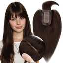 MY-LADY Human Hair Toppers for Women Real Human Hair with Bangs Thin 7 * 13CM Silk Base with Lace Clip in Straight Remy Hairpieces 150% Density 12 Inch Dark Brown