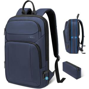 Backpack for Men Slim & Expandable Travel Laptop Backpack with USB Charging Port Water Resistant Anti-Theft Business Backpack Fits 15.6In Laptop for Commute Work College with Small Bag(Navy Blue)