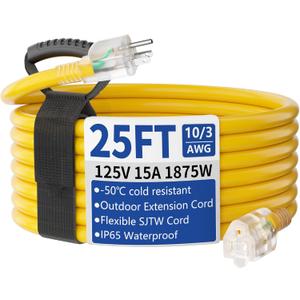25ft Outdoor/Indoor Extension Cord with Lighted 10/3 Gauge Ultra 3 Prong Heavy Duty SJTW, Waterproof, Flexible Cold-Resistant,15A 125V 1875W, Yellow