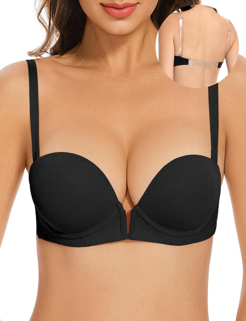 YBCG Women's Backless Bra with Clear Back Straps Plunge Convertible Push Up Padded Add A Cup Low Cut Underwire Bras for Women (Black), 36DD