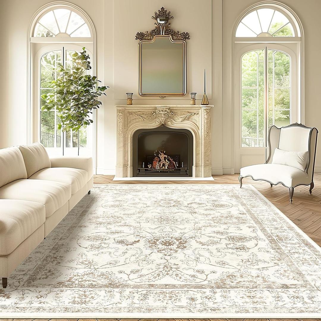 Madane 9x12 Area Rugs for Living Room, Machine Washable Rug with Non-Slip Backing, Soft Vintage Large Area Rug, Floral Print Floor Carpet for Bedroom Dining Room (9 x 12, Brown/Ivory)