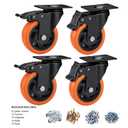 4" Caster Wheels, Casters Set of 4 Heavy Duty - Orange Polyurethane Castors, Top Plate Swivel Wheels, 4-Pack Industrial Casters with Brake, Locking Caster for Furniture and Workbench