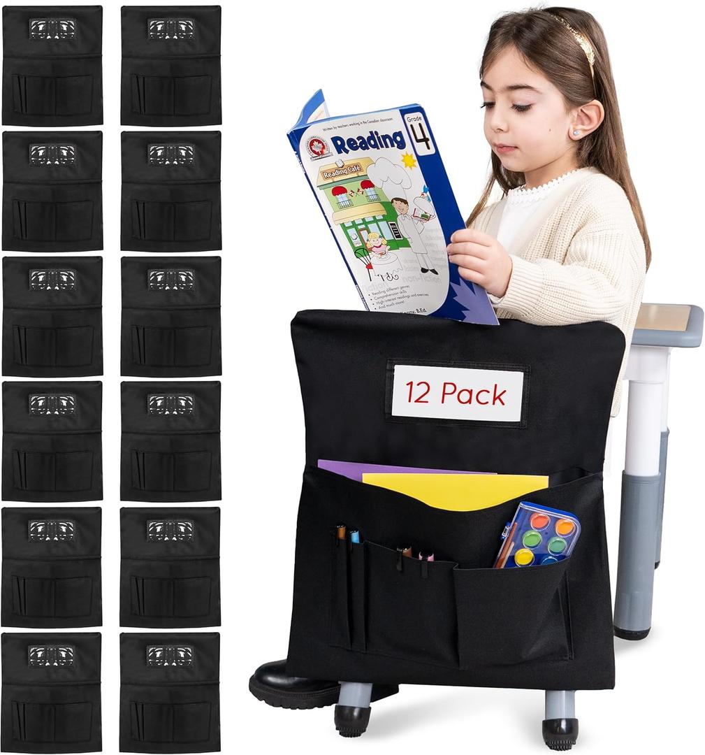 Essex Wares - Pack of 12 Chair Pockets for Classrooms Black 17" Wide x 19.7" Tall - Spacious Student Chair Pockets - Chairback Pocket Chart - Classroom Chair Pockets Suitable for Most Classroom Chairs