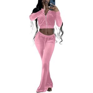 qfmqkpi Two Piece Outfits for Women Crop Top Zip Jacket and Flare Pants Set Velour Tracksuit (Small)