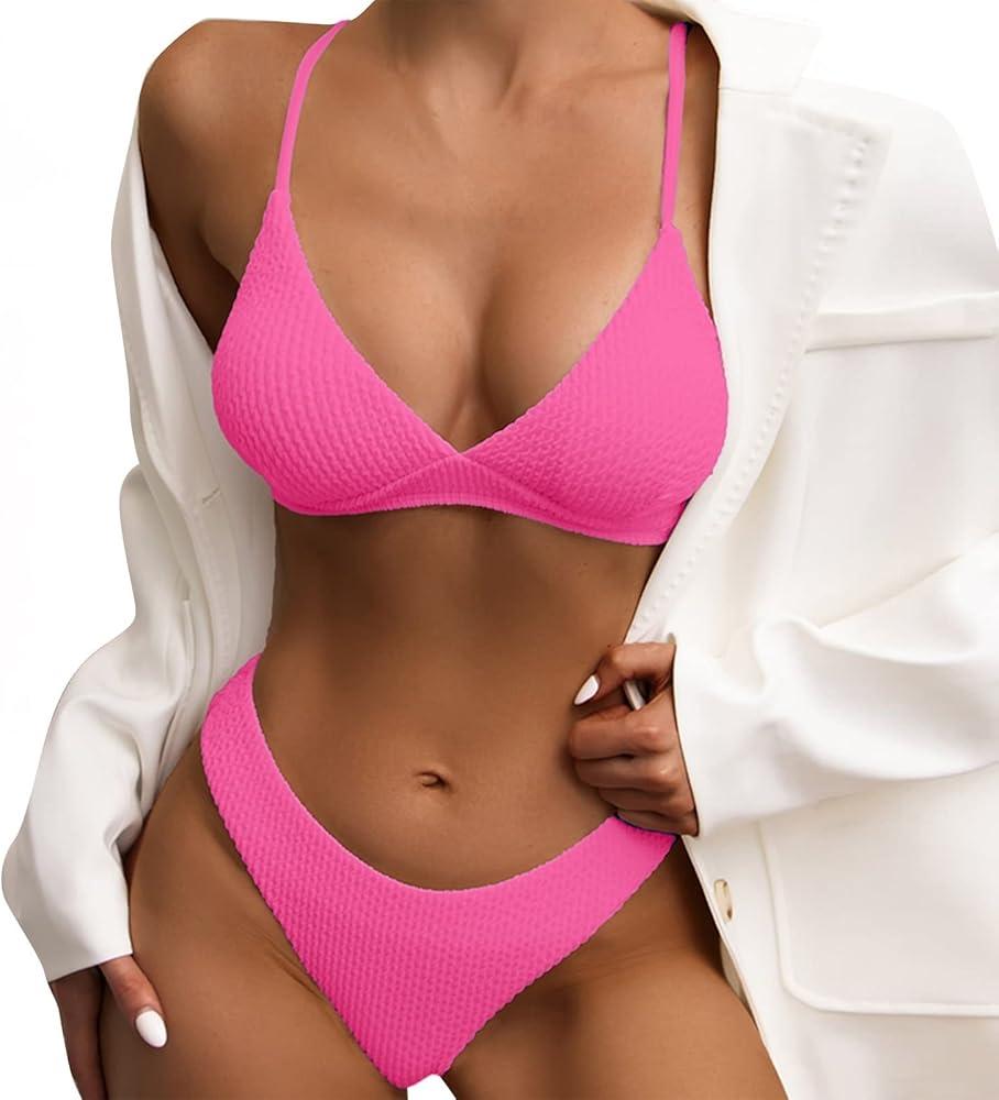 Women's Sexy Two Piece Tummy Control Thong Bottom V Neck Bikini Swimsuits (8-10, Black)