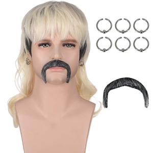 70s 80s Rocker Mullet Wig Set for Men | Dark Roots Short Blonde Wavy Wigs for Men's Halloween Cosplay Party with 6 Earrings and Mustache