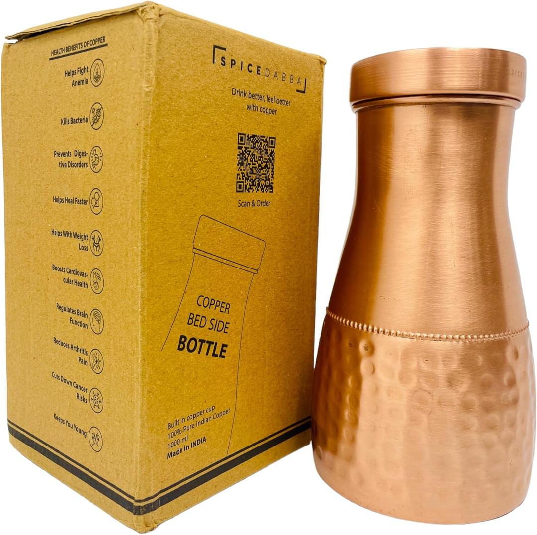 spice dabba Water Bottle and Carafe Set - Ideal for Sports, Yoga, and Bedside - Sturdy Metal Pitcher with Convenient Lid for Refreshing Hydration Copper Elegance: 34 Oz