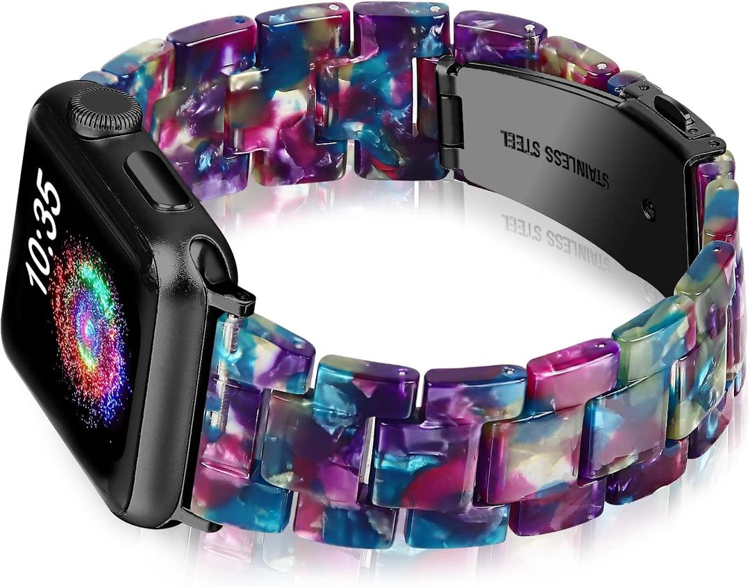 OULUCCI Compatible with Apple Watch Bands For Women, Fashion Resin iWatch Bands For Series 11 10 9 8 7 6 5 4 3 2 1 SE (Flower Purple Green, 38mm/40mm/41mm/42mm-Series11/10)