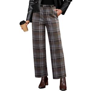 GRAPENT Plaid Pants for Women Wide Leg High Waisted Tartan Work Business Casual Elastic Waist Trousers Pants with Pocket (Medium, Brown & Gray)