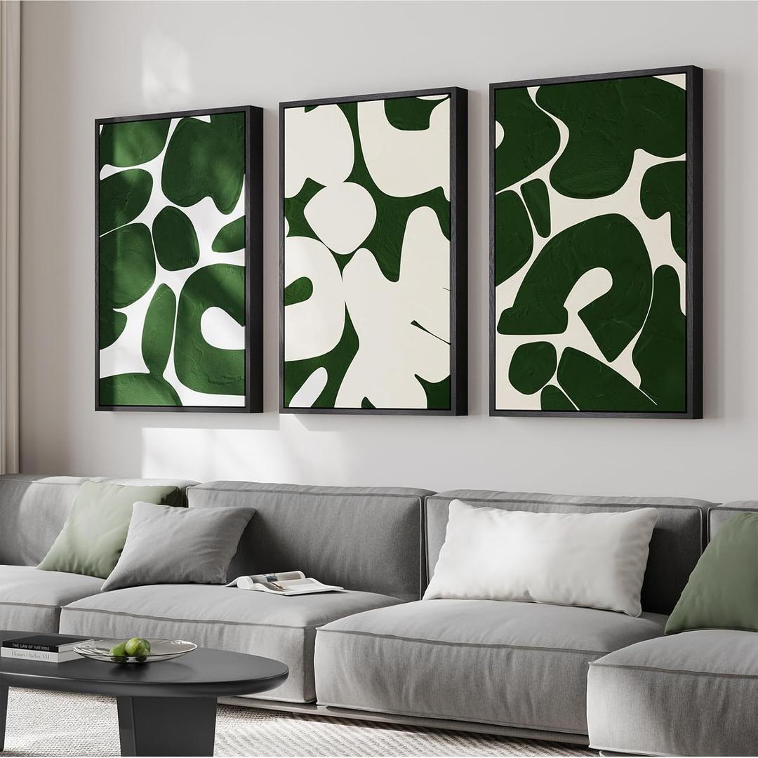 Large Framed Green and White Abstract Wall Art for Living Room, Set of 3 Minimalist Canvas Prints Paintings Artwork for Walls, Mid-Century Modern Pictures for Entryway, Hallway Wall Decor 24x36 In (Block)