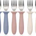 6 Pieces Toddler ForksKids Safe Utensils Set with Silicone Round Handle for Self Feeding18/8 Stainless Steel Baby ForksChildren's Silverware Set BPA Free, Dishwasher Safe (Red/Blue/White)