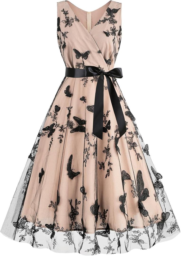 1950s Dresses for Women Vintage Elegant Short Puff Sleeve Polka Dot Patchwork Knee Length Cocktail Party Dress (Medium, Apricot Butterfly Wrap V Neck)