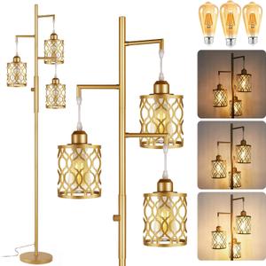 ROTTOGOON 68" Gold Floor Lamp, Dimmable Industrial Floor Lamps for Living Room, 3 Light Rustic Standing Tall Lamp Including 3 PCS 6W E26 Bulbs, Farmhouse Tree Floor Lamp for Bedrooms, Office, Bar