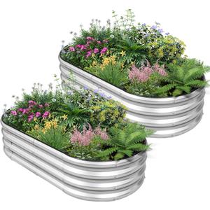 Galvanized Raised Garden Bed - 421ft (2 Packs) Planter Raised Beds for Gardening | Oval Metal Garden Planter Box with Safety Edging and Gloves for Vegetables Fruits and Flower - Silver