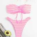 Women's Striped Printed Bandeau Bathing Suit High Waisted Swimsuit Bikini Set (Medium, Light Pink)