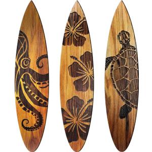 Yousoontic 3 Pcs Carved Surfboard Wall Decor 23.6" x 5.2" Large Wooden Beach Turtles Hibiscus Octopus Surfboard Summer Hawaiian Tropical Surf Boards Decor for Wall Room Bedroom Party Beach Art