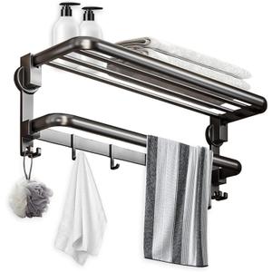 Aluminum Suction Cup Towel Rack with Towel Bar Holder, No Drill Foldable 18 Inch Towel Shelf with 8 Hooks,Towel Storage Organizer for Bathroom Bath Shower, Grey