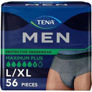 TENA Men Incontinence Underwear, Maximum Plus Absorbency, Adult Diapers, Large/X-Large (Waist Sizes 44in-64in), 56 Count (4 packs of 14)