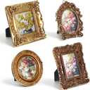 4 Pcs Vintage Small Gold Picture Frames, 4 Style Resin Antique Frames Tabletop Display or Wall Hanging Ornate Baroque Decor