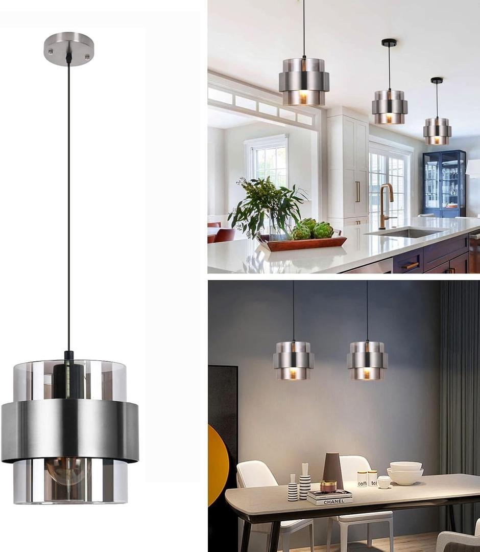 Pendant Lights Kitchen Island Lighting,7 Inch Adjustable Mini Glass Haning Lights for Entrance Aisle Decorative Lighting Fixture for Dining and Bar Table (Brushed Nickel)