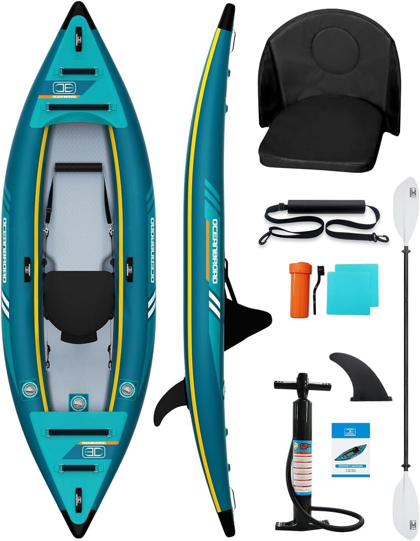 OCEANBROAD Inflatable Sit-in Kayak, with Paddle, Kayak Seat, Pedal, Hand Pump and Bag, 1-Person/2-Person, Blue/Sky Blue